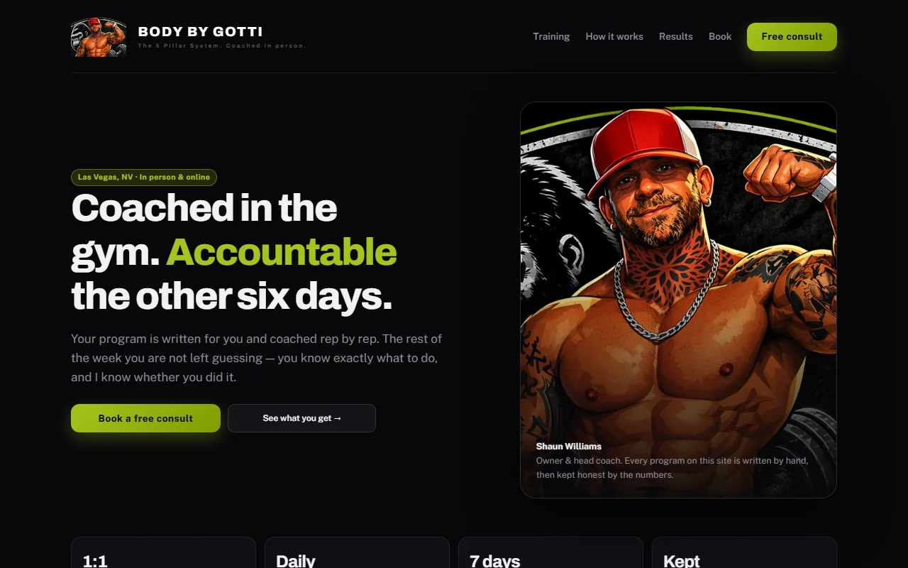 The Body by Gotti home page: Coached in the gym. Accountable the other six days.
