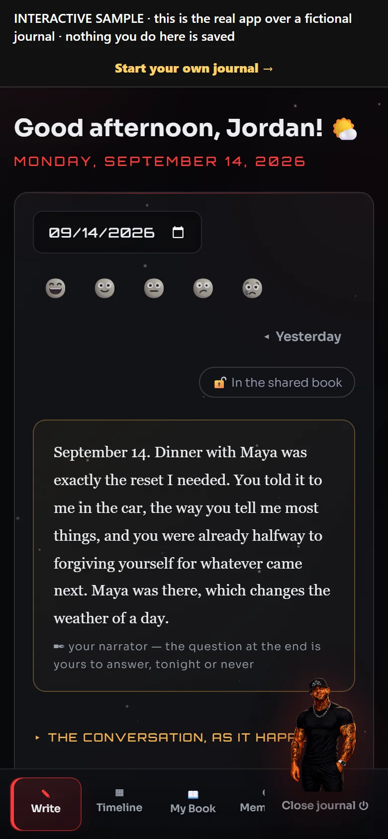 The FivePillar Mindset demo on a phone, showing the sample member Jordan's journal
